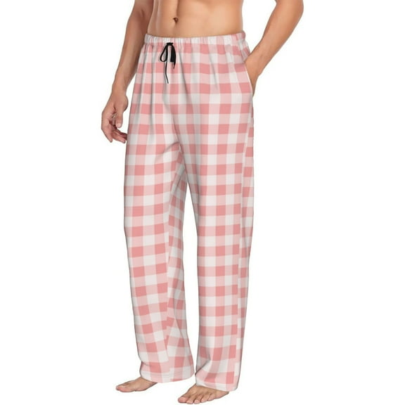 Mens Pajama Pants Bottoms with Pockets - White Pink Plaid Comfy Mens Pj Pants, Soft Men Lounge Pants