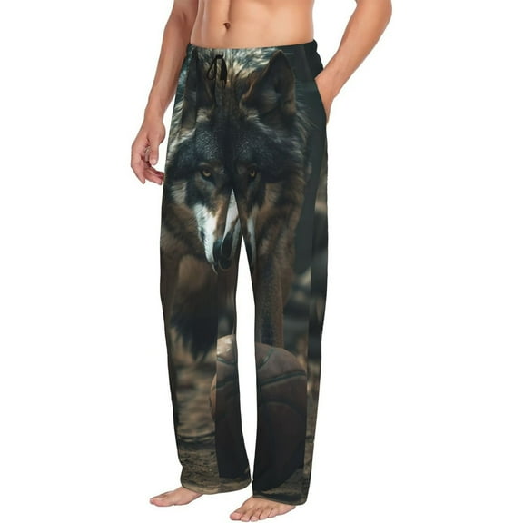 Mens Pajama Pants Bottoms with Pockets - Wolf With Basketball Comfy Mens Pj Pants, Soft Men Lounge Pants