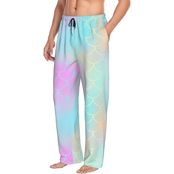 Mens Pajama Pants Bottoms with Pockets - Yellow pink Pastel fishscale Comfy Mens Pj Pants, Soft Men Lounge Pants