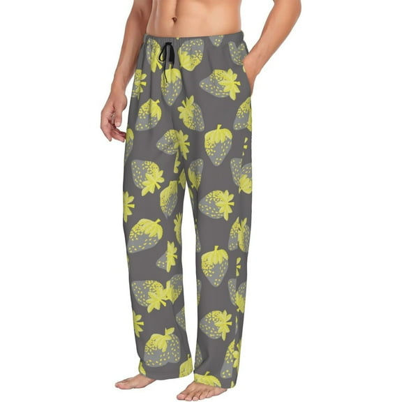 Mens Pajama Pants Bottoms with Pockets - Yellow strawberry print Comfy Mens Pj Pants, Soft Men Lounge Pants