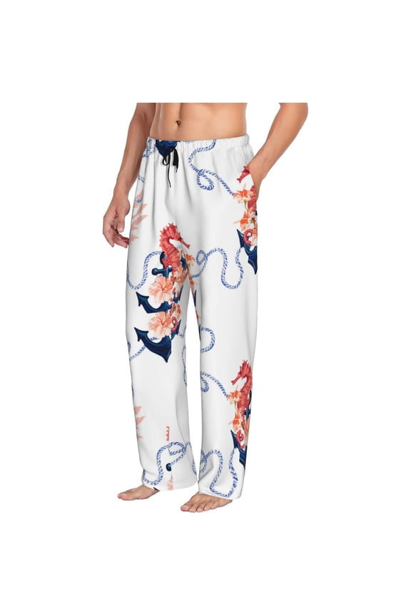 Mens Pajama Pants Bottoms with Pockets - anchor hibiscus ropes sea horse Comfy Mens Pj Pants, Soft Men Lounge Pants