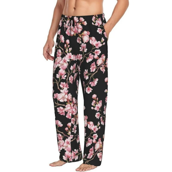Mens Pajama Pants Bottoms with Pockets - berry blossom Elegant black Comfy Mens Pj Pants, Soft Men Lounge Pants