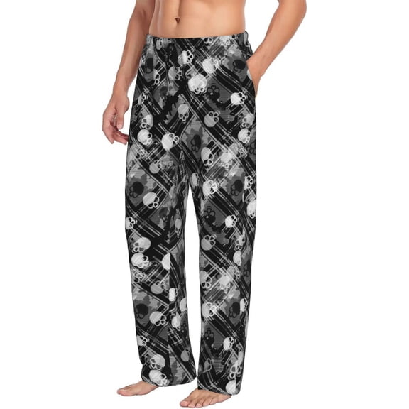 Mens Pajama Pants Bottoms with Pockets - black and white Skulls Comfy Mens Pj Pants, Soft Men Lounge Pants