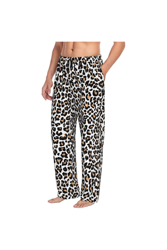 Mens Pajama Pants Bottoms with Pockets - black orange leopard trendy Comfy Mens Pj Pants, Soft Men Lounge Pants