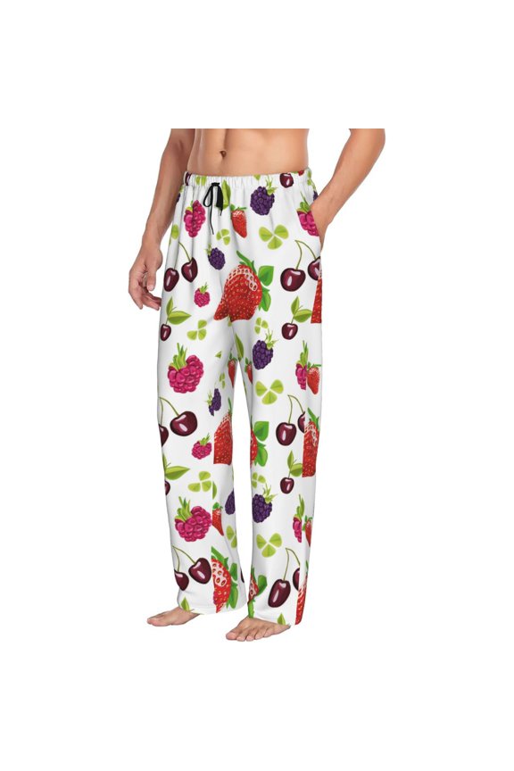 Mens Pajama Pants Bottoms with Pockets - colorful Strawberry fruit Comfy Mens Pj Pants, Soft Men Lounge Pants