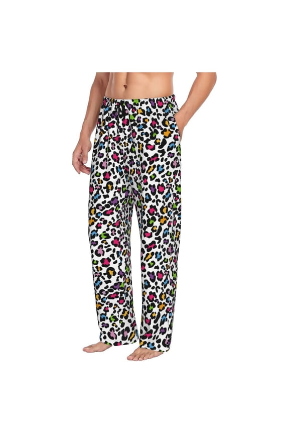 Mens Pajama Pants Bottoms with Pockets - colorful leopard print Comfy Mens Pj Pants, Soft Men Lounge Pants