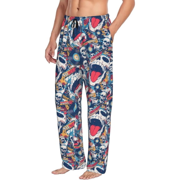 Mens Pajama Pants Bottoms with Pockets - cool rock Skull Comfy Mens Pj Pants, Soft Men Lounge Pants