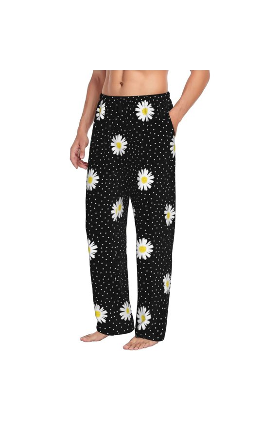 Mens Pajama Pants Bottoms with Pockets - daisy polka dot dotted black Comfy Mens Pj Pants, Soft Men Lounge Pants