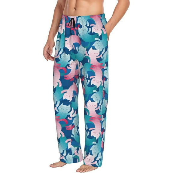 Mens Pajama Pants Bottoms with Pockets - dancing cat Comfy Mens Pj Pants, Soft Men Lounge Pants