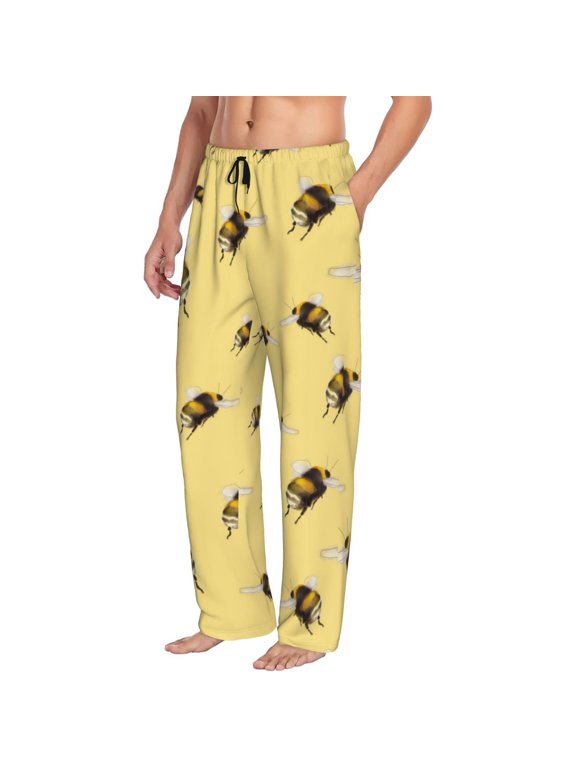 Mens Pajama Pants Bottoms with Pockets - funny bumblebees yellow Comfy Mens Pj Pants, Soft Men Lounge Pants