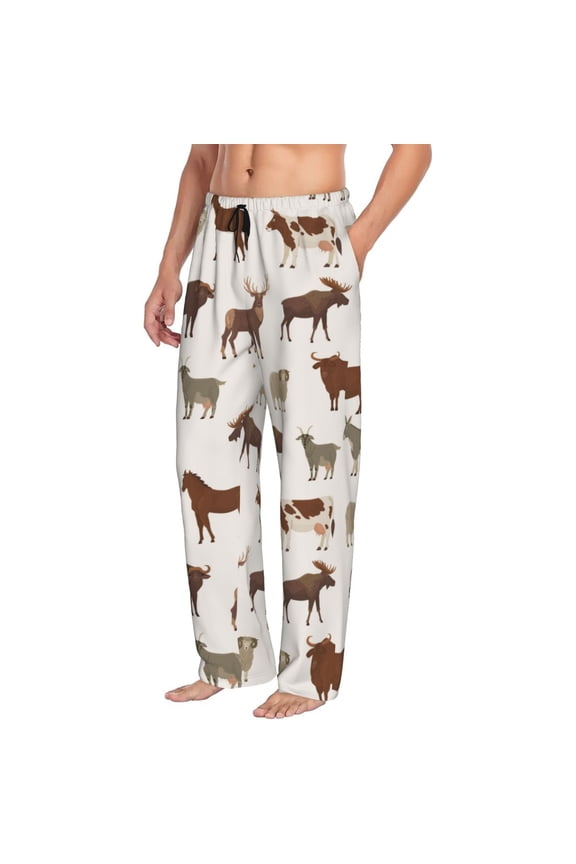 Mens Pajama Pants Bottoms with Pockets - goat moose buffalo deer print Comfy Mens Pj Pants, Soft Men Lounge Pants