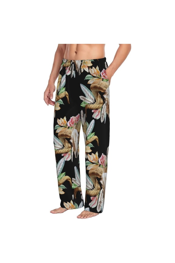 Mens Pajama Pants Bottoms with Pockets - goat skull flowers feather vintage Comfy Mens Pj Pants, Soft Men Lounge Pants