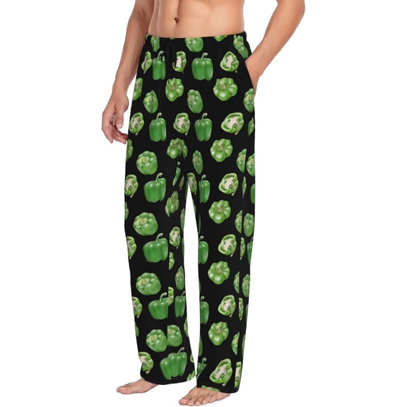 Mens Pajama Pants Bottoms with Pockets - green Bell Pepper Print Comfy Mens Pj Pants, Soft Men Lounge Pants