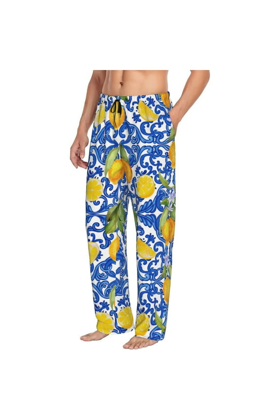 Mens Pajama Pants Bottoms with Pockets - lemons Sicilian traditional print Comfy Mens Pj Pants, Soft Men Lounge Pants