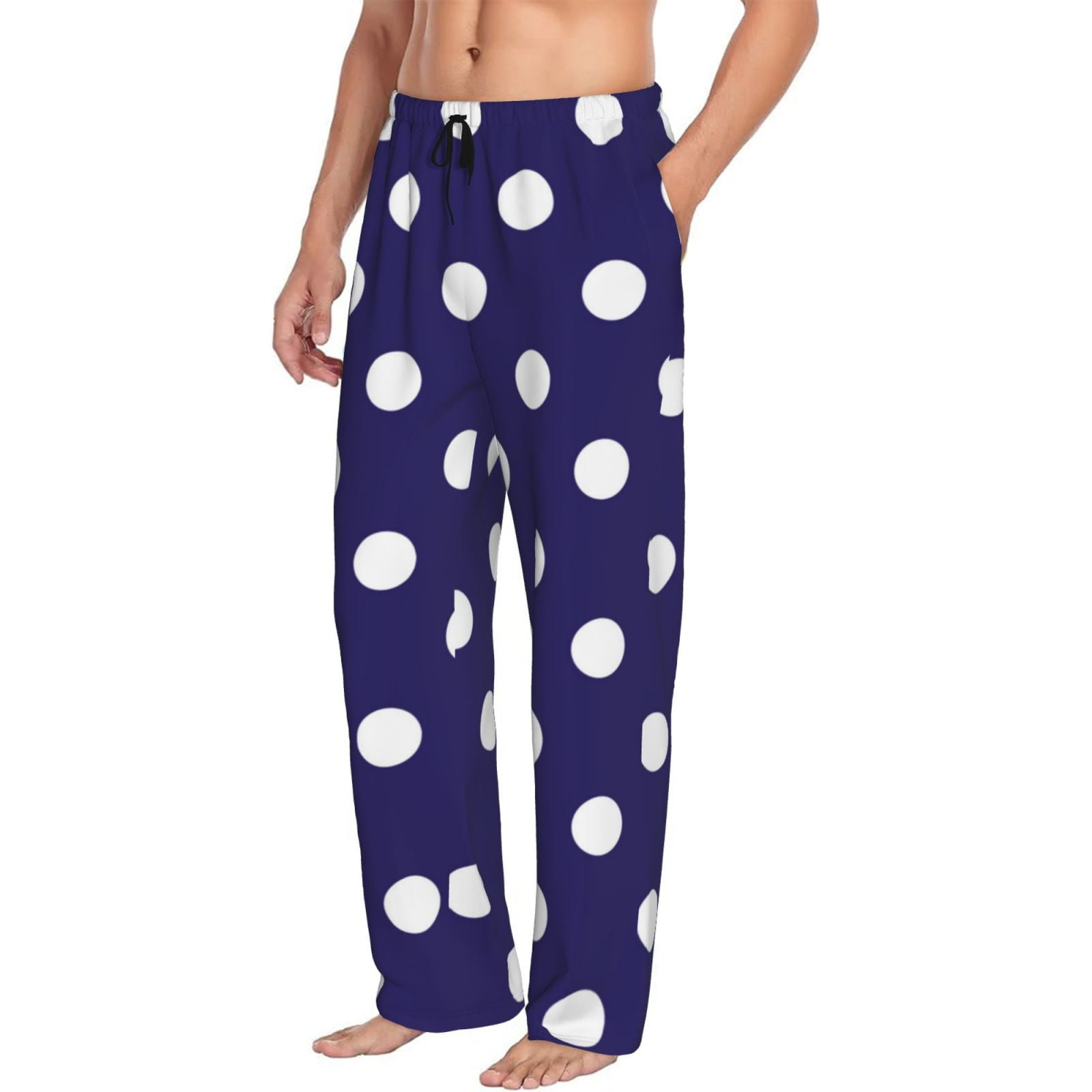 Mens Pajama Pants Bottoms with Pockets navy blue polka dots Comfy