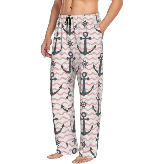 Mens Pajama Pants Bottoms with Pockets - pink anchor stripes helm vintage Comfy Mens Pj Pants, Soft Men Lounge Pants