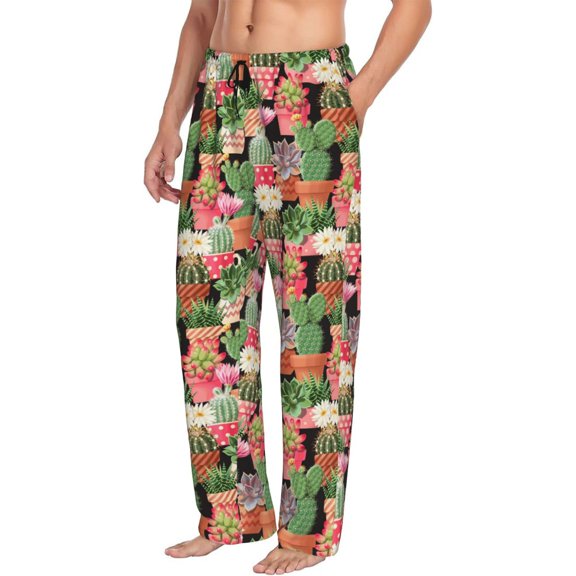 Mens Pajama Pants Bottoms with Pockets - potted plant Cactus Comfy Mens Pj Pants, Soft Men Lounge Pants