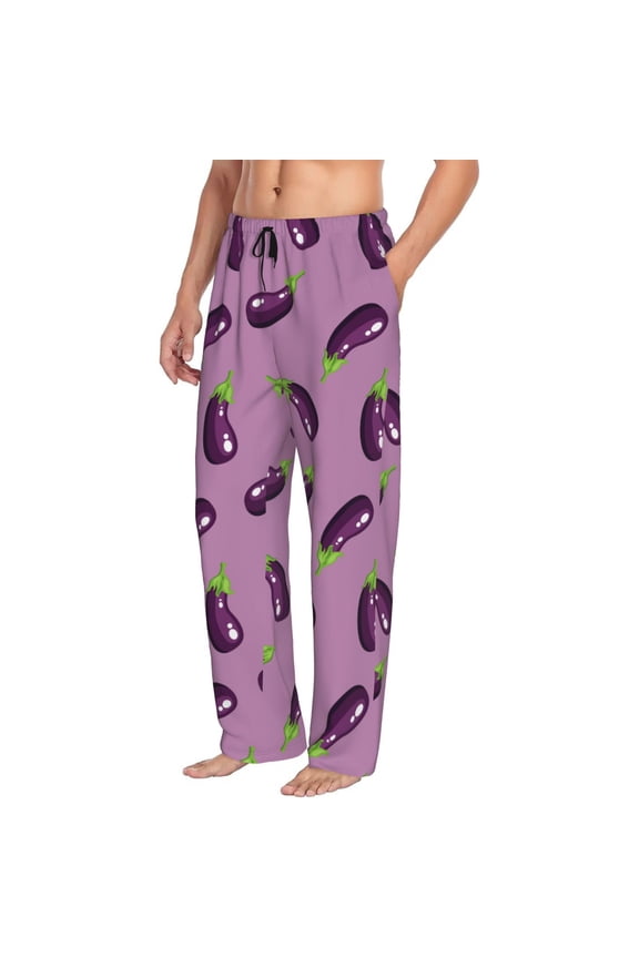Mens Pajama Pants Bottoms with Pockets - purple Eggplant Pattern Comfy Mens Pj Pants, Soft Men Lounge Pants