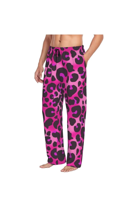 Mens Pajama Pants Bottoms with Pockets - red pink Leopard print Comfy Mens Pj Pants, Soft Men Lounge Pants
