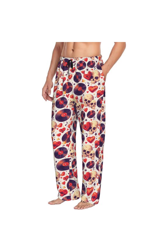Mens Pajama Pants Bottoms with Pockets - rock Skull record heart Comfy Mens Pj Pants, Soft Men Lounge Pants