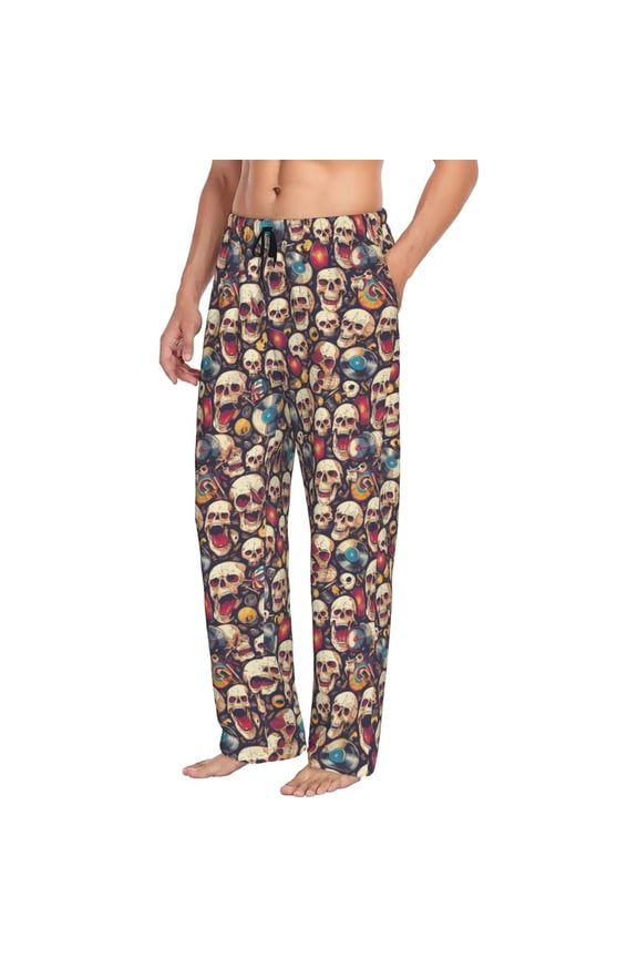 Mens Pajama Pants Bottoms with Pockets - rock record music Skull Comfy Mens Pj Pants, Soft Men Lounge Pants