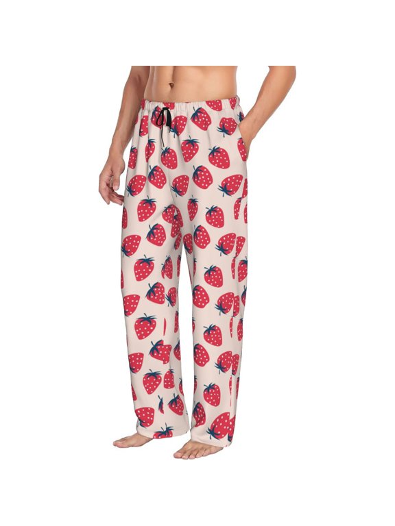 Mens Pajama Pants Bottoms with Pockets - strawberry fruit print Comfy Mens Pj Pants, Soft Men Lounge Pants