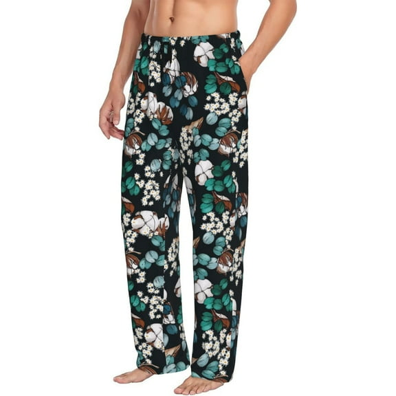 Mens Pajama Pants Bottoms with Pockets - white flowers Comfy Mens Pj Pants, Soft Men Lounge Pants
