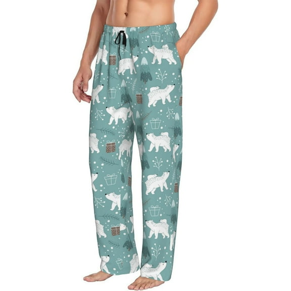 Mens Pajama Pants Bottoms with Pockets - whiter Snow bear Print Comfy Mens Pj Pants, Soft Men Lounge Pants