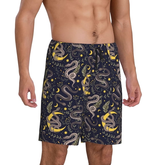 Mens Pajama Pants - Cartoon Funny Snake Moon Leaf Sleep Shorts Mens Pajama Shorts, Comfy Pj Pants for Mens Lounge Shorts