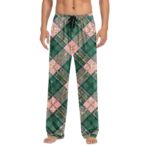 Mens Pajama Pants Classic Plaid Christmas PJ Bottoms Flannel Cotton Long Pants Straight Fit Lounge Trouser, L Green #D