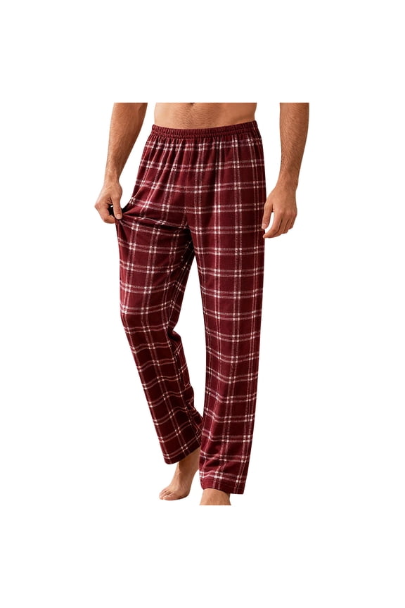 Mens Pajama Pants Classic Plaid Christmas PJ Bottoms Flannel Cotton Long Pants Straight Fit Lounge Trouser, S Wine