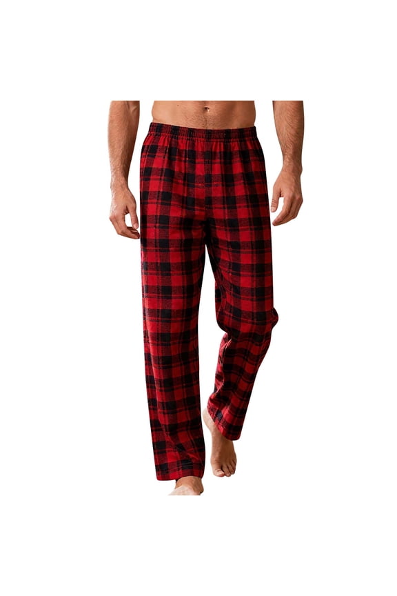 Mens Pajama Pants Classic Plaid Christmas PJ Bottoms Flannel Cotton Long Pants Straight Fit Lounge Trouser, XL Red #A