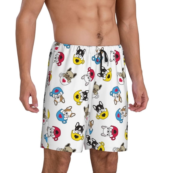 Mens Pajama Pants - Colorful Cup Cute French Bulldog Sleep Shorts Mens Pajama Shorts, Comfy Pj Pants for Mens Lounge Shorts
