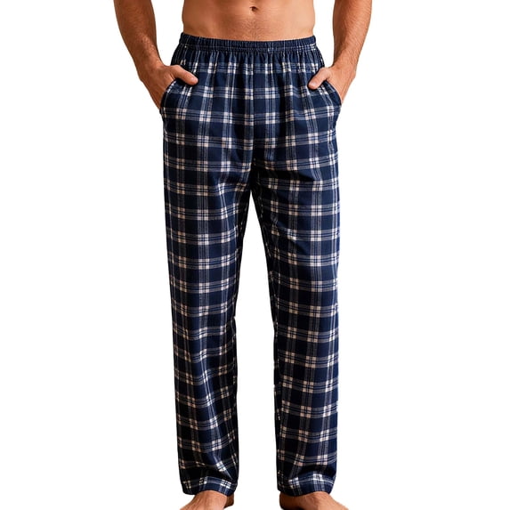 Mens Pajama Pants Cotton Drawstring Plaid Lounge Sleep Pants Baggy Elastic Waist Wide Leg Pj Bottoms Navy XL