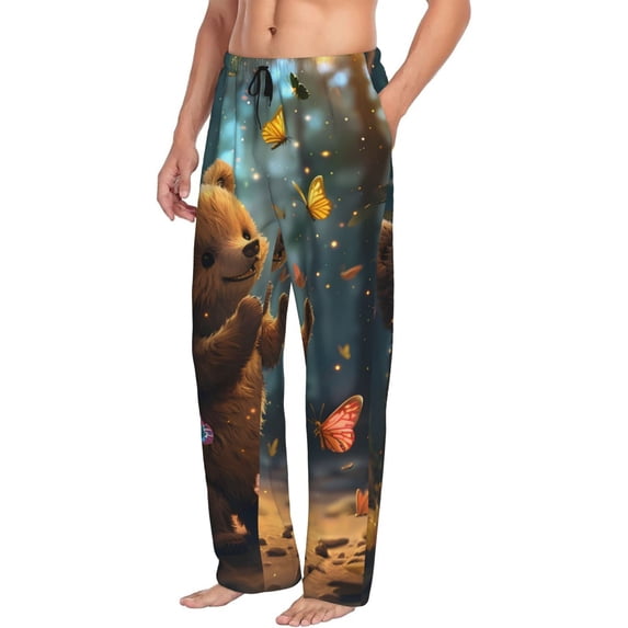 Mens Pajama Pants, Cute Butterfly Bear Soft Sleep & Lounge Pants for Men, Cuteness Casual PJ Bottoms Pants with Pockets