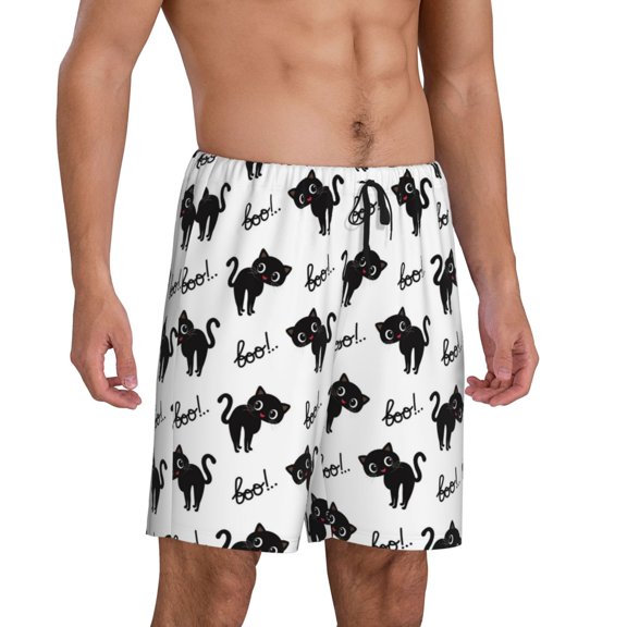 Mens Pajama Pants - Cute Cartoon Cat Black Sleep Shorts Mens Pajama Shorts, Comfy Pj Pants for Mens Lounge Shorts