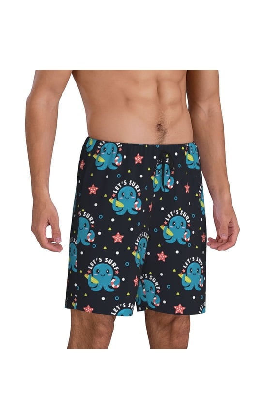 Mens Pajama Pants - Cute Cartoon Octopus Surf Sleep Shorts Mens Pajama Shorts, Comfy Pj Pants for Mens Lounge Shorts