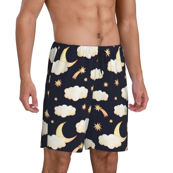 Mens Pajama Pants - Cute Clouds Moon Stars Starry Sky Sleep Shorts Mens Pajama Shorts, Comfy Pj Pants for Mens Lounge Shorts