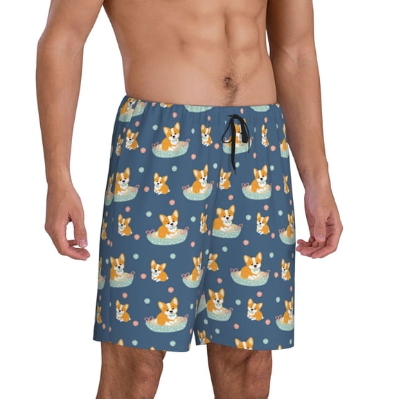 Mens Pajama Pants - Cute Corgi Dog Softball Sleep Shorts Mens Pajama Shorts, Comfy Pj Pants for Mens Lounge Shorts