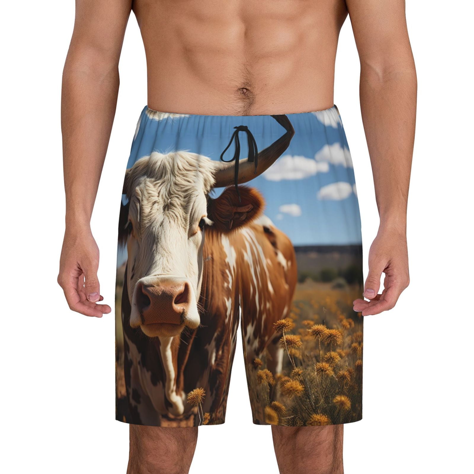 Mens Pajama Pants, Cute Daisy Cow Stylish Sleep Shorts Mens Pajama