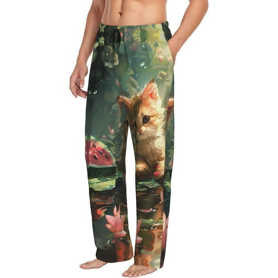 Mens Pajama Pants, Cute Kitten Water Lilies Soft Sleep & Lounge Pants for Men, Cuteness Casual PJ Bottoms Pants with Pockets