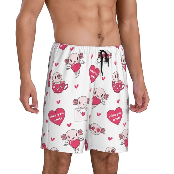 Mens Pajama Pants - Cute Valentine Axolotl Cup Heart Sleep Shorts Mens Pajama Shorts, Comfy Pj Pants for Mens Lounge Shorts