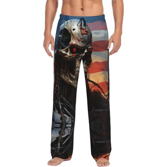 Mens Pajama Pants, Cyberpunk Skull American Flag Lounge Pj Pants With Drawstring, Men'S Sleepwear Pajama Bottom
