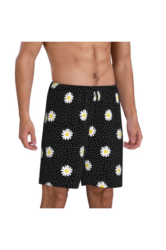 Mens Pajama Pants - Daisy Polka Dot Dotted Black Sleep Shorts Mens Pajama Shorts, Comfy Pj Pants for Mens Lounge Shorts