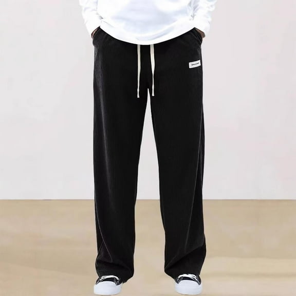 Mens Pajama Pants Elastic Waist Soft Corduroy Drawstring Straight Leg Work Trouser with Pockets