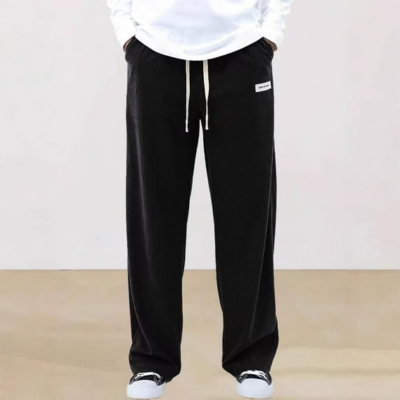 Mens Pajama Pants Elastic Waist Soft Corduroy Drawstring Straight Leg Work Trouser with Pockets