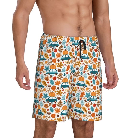 Mens Pajama Pants - Falling Pumpkins On Car Sleep Shorts Mens Pajama Shorts, Comfy Pj Pants for Mens Lounge Shorts