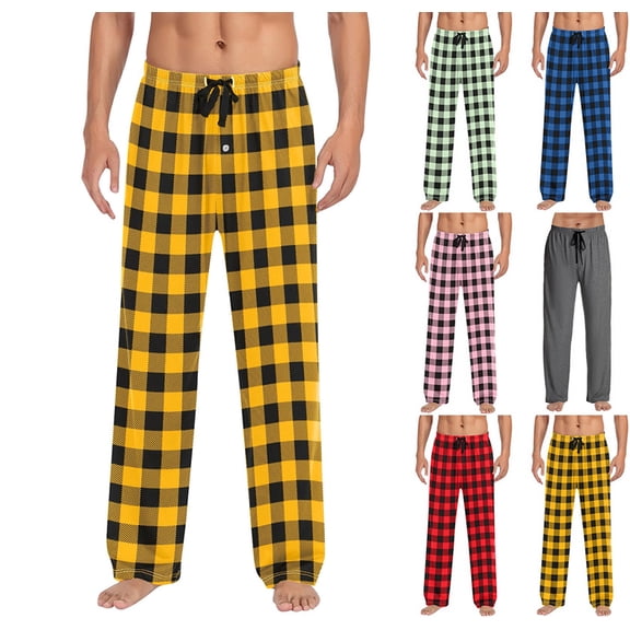 Mens Pajama Pants Flannel Cotton Plaid Sleep & Lounge Pants, PJ Bottoms with Pockets and Button Fly Gold S