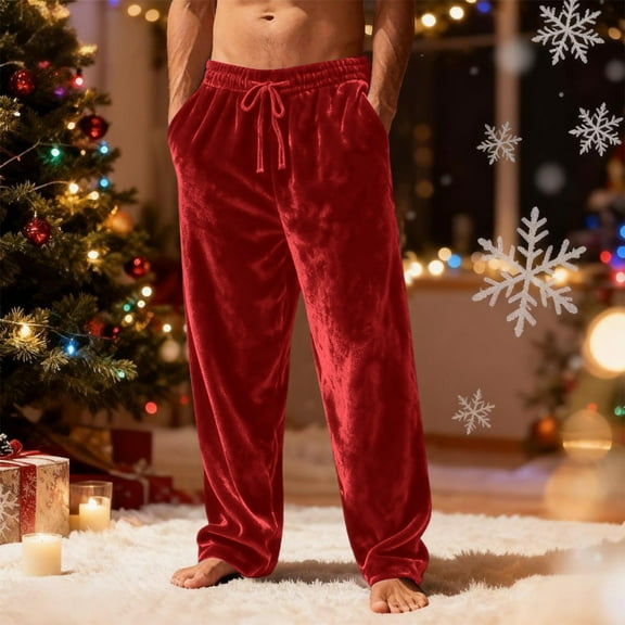 Dwelliawo Mens Pajama Pants Fleece Lounge Plush Sleep Pant Fuzzy Straight Leg Comfy Pj Bottoms for Men Drawstring Winter Pajama Pants Red S