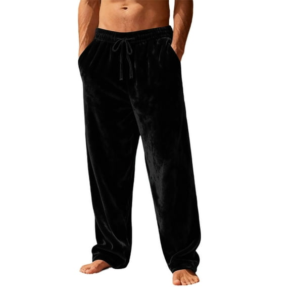 Dwelliawo Mens Pajama Pants Fuzzy Warm Fleece Fluffy Pants Plush Straight Leg Soft Pj Bottoms for Men Drawstring Winter Pajama Black M